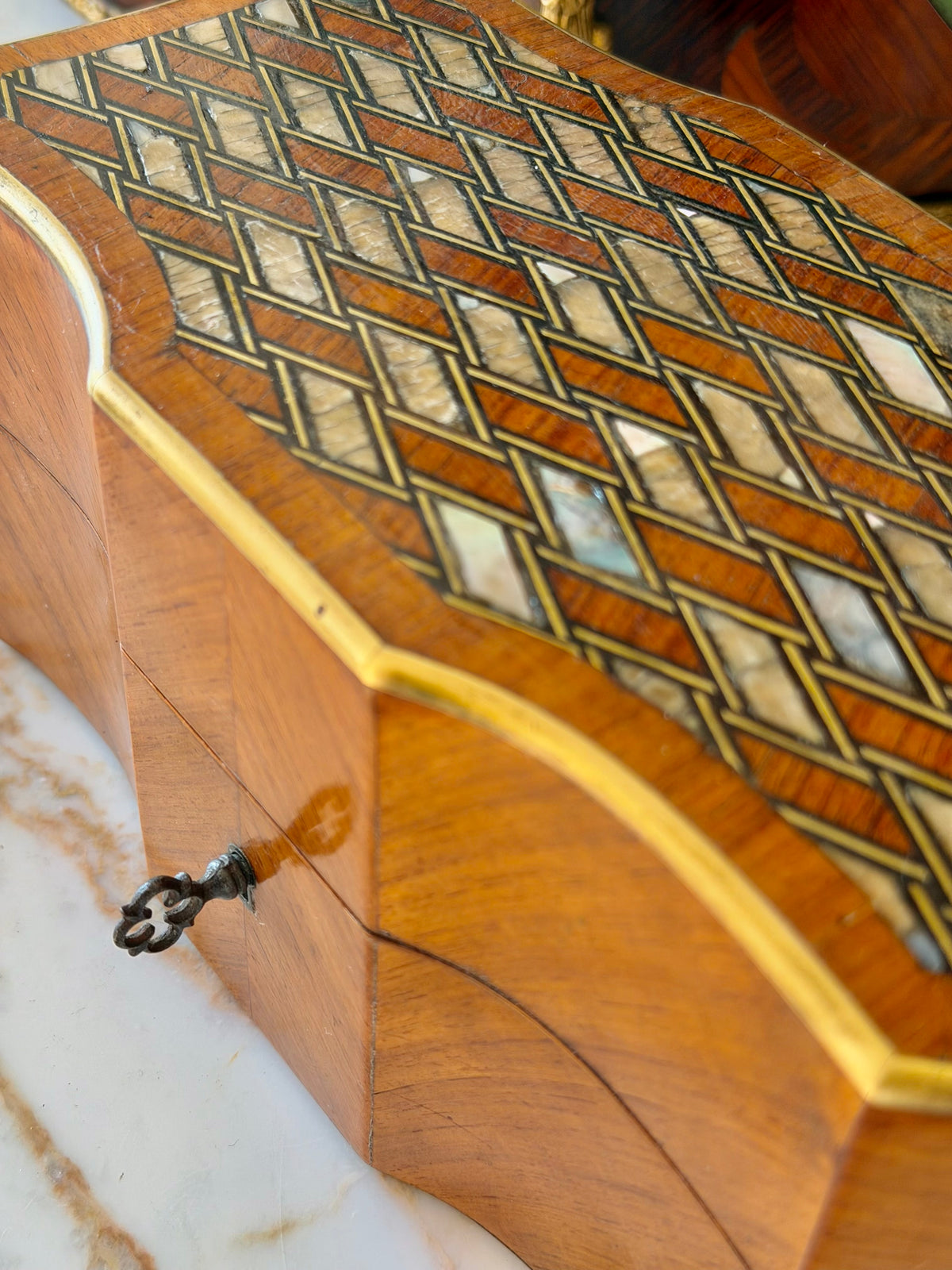 Marquetry Scent Casket with Mother-of-Pearl Inlay & Crystal Bottles