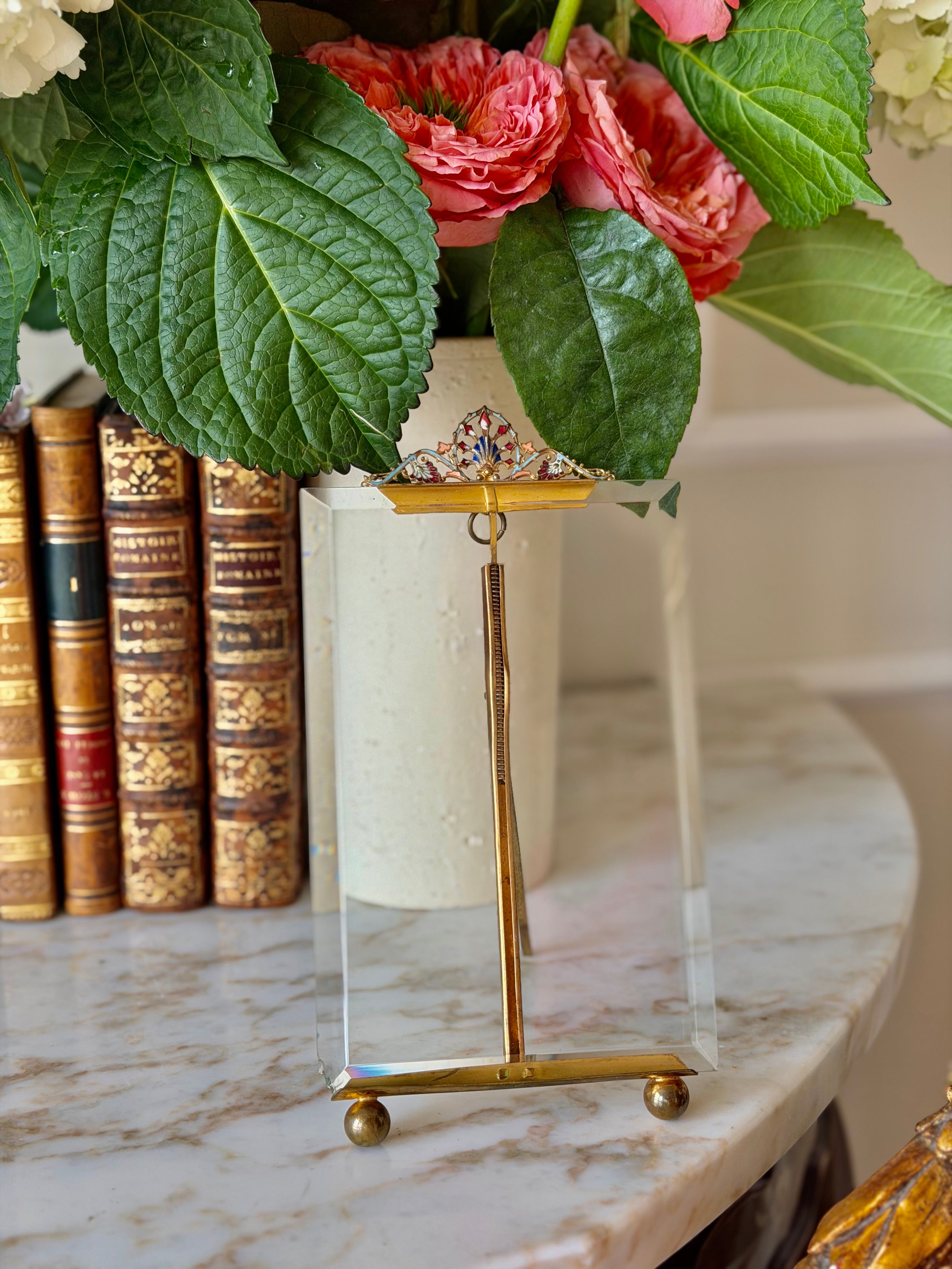 French Champlevé Enamel & Beveled Glass Picture Frame