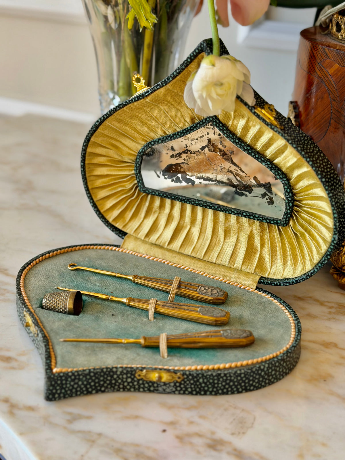 Shagreen Embroidery Étui with Gilt Tools & Mercury Mirror