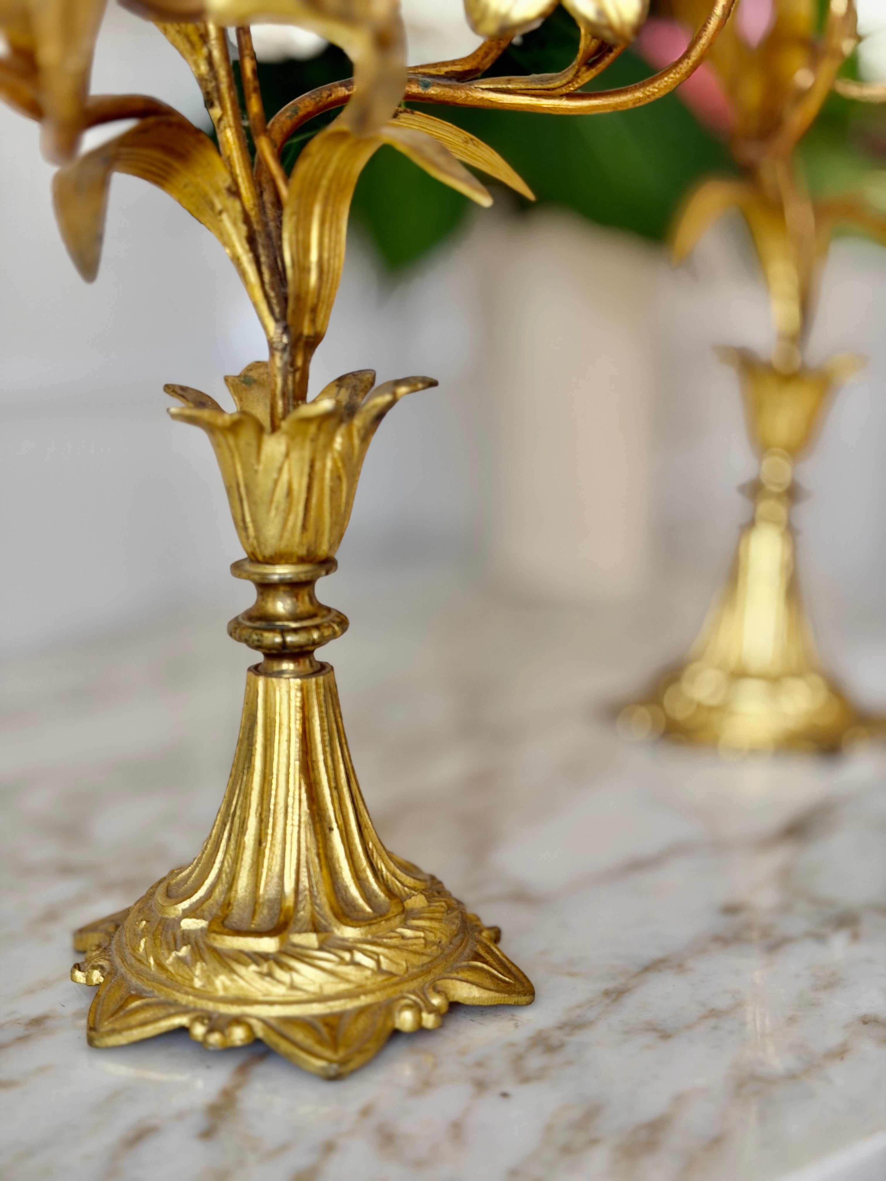Pair of French Gilt Brass Floral Candelabras