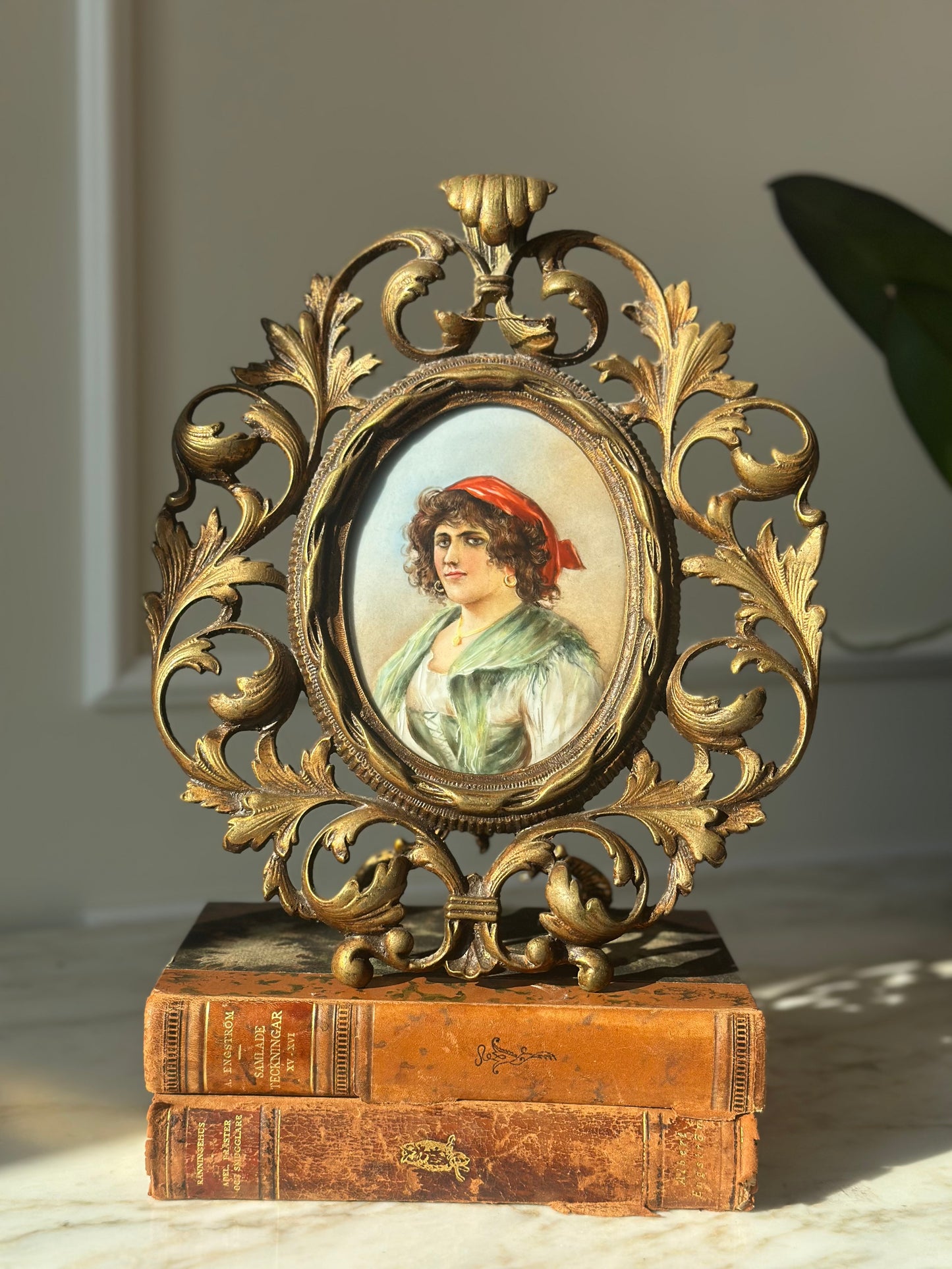 Antique Brass Easel Frame with Hand-Painted Portrait