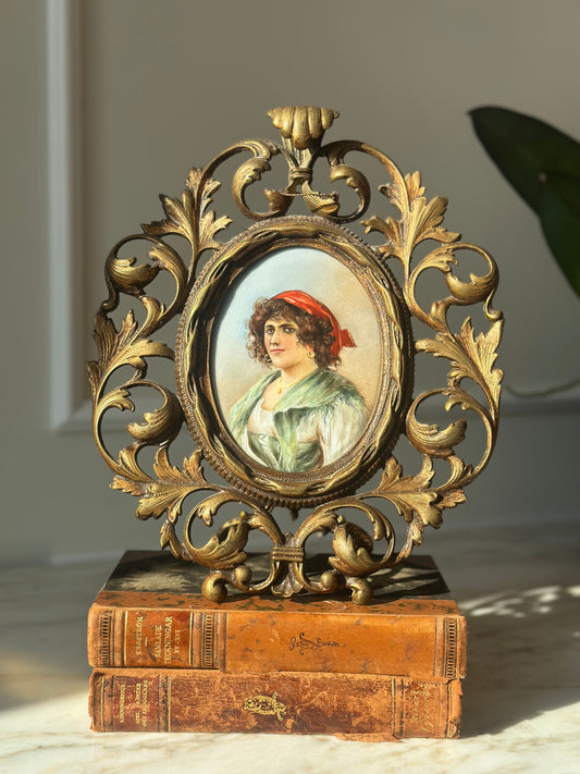 Antique Brass Easel Frame with Hand-Painted Portrait