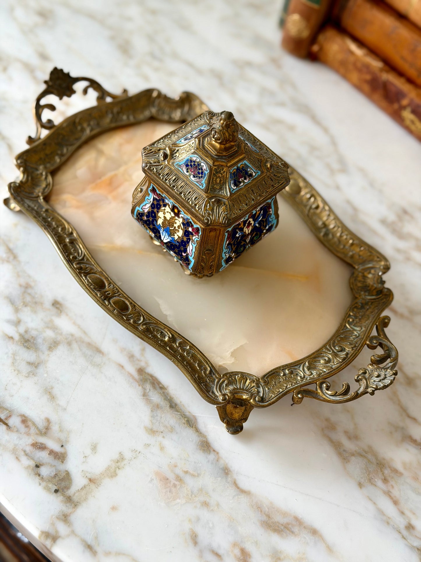 Gilt bronze, champlevé, and onyx inkwell