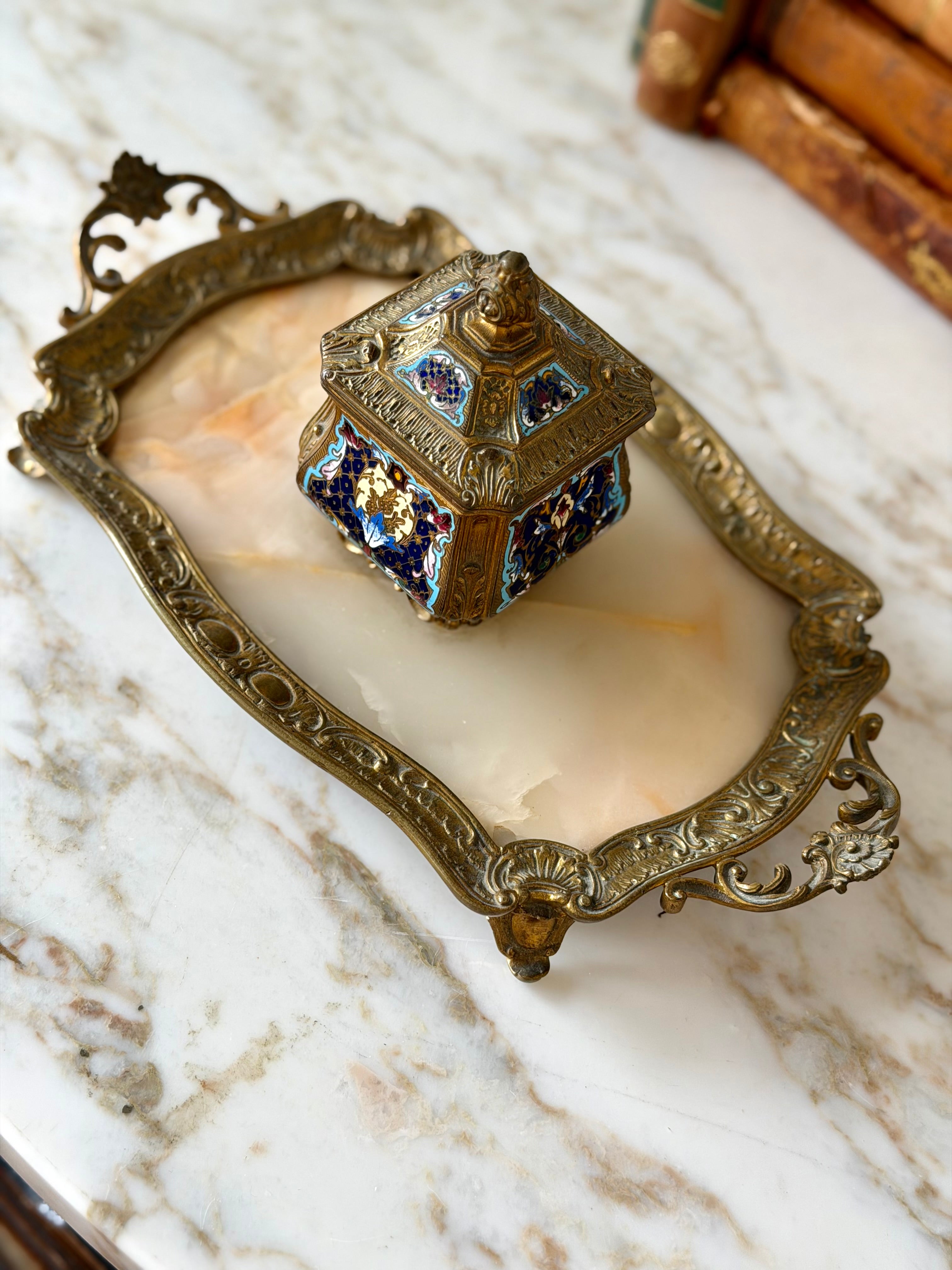Gilt bronze, champlevé, and onyx inkwell