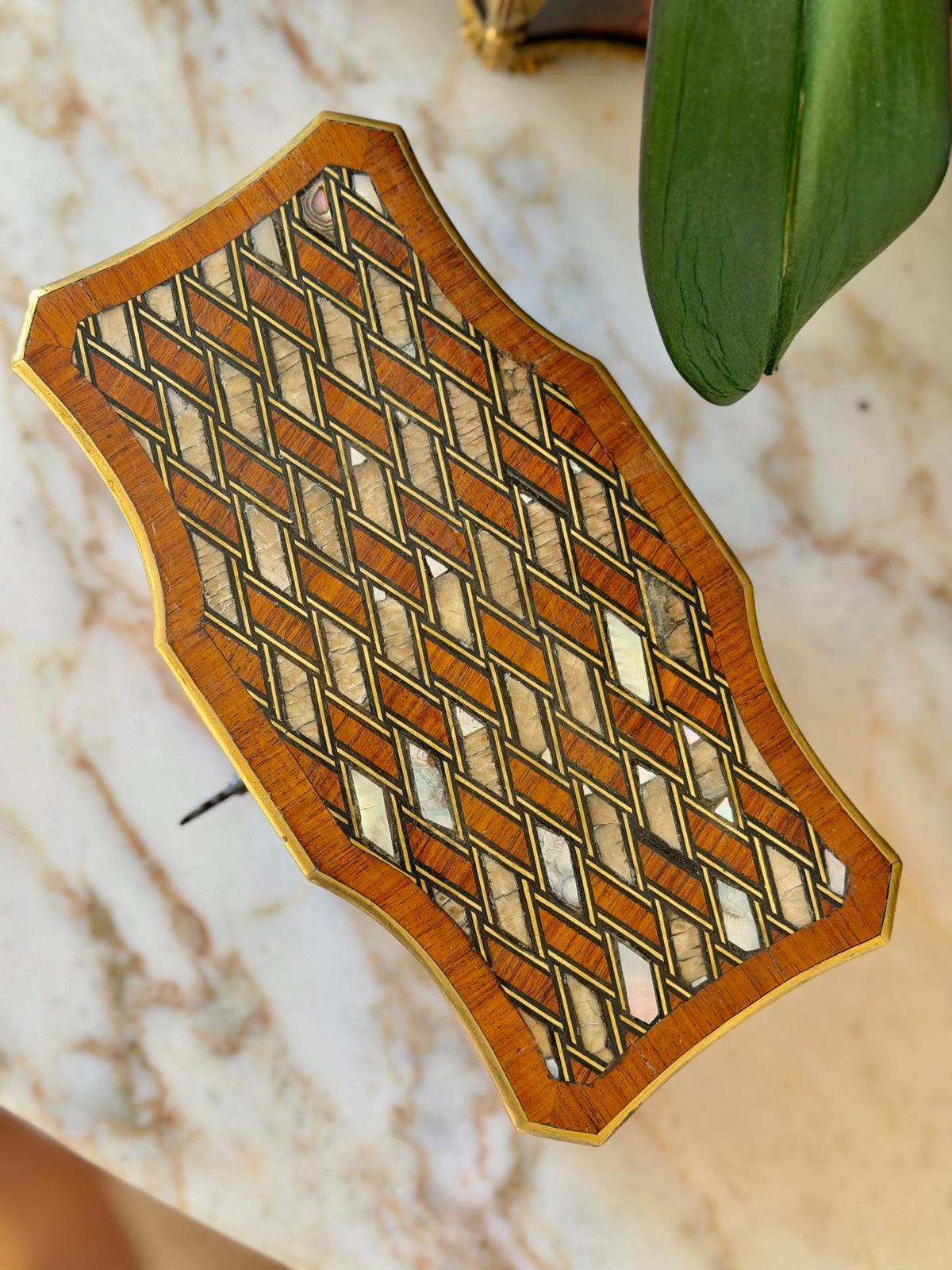 Marquetry Scent Casket with Mother-of-Pearl Inlay & Crystal Bottles