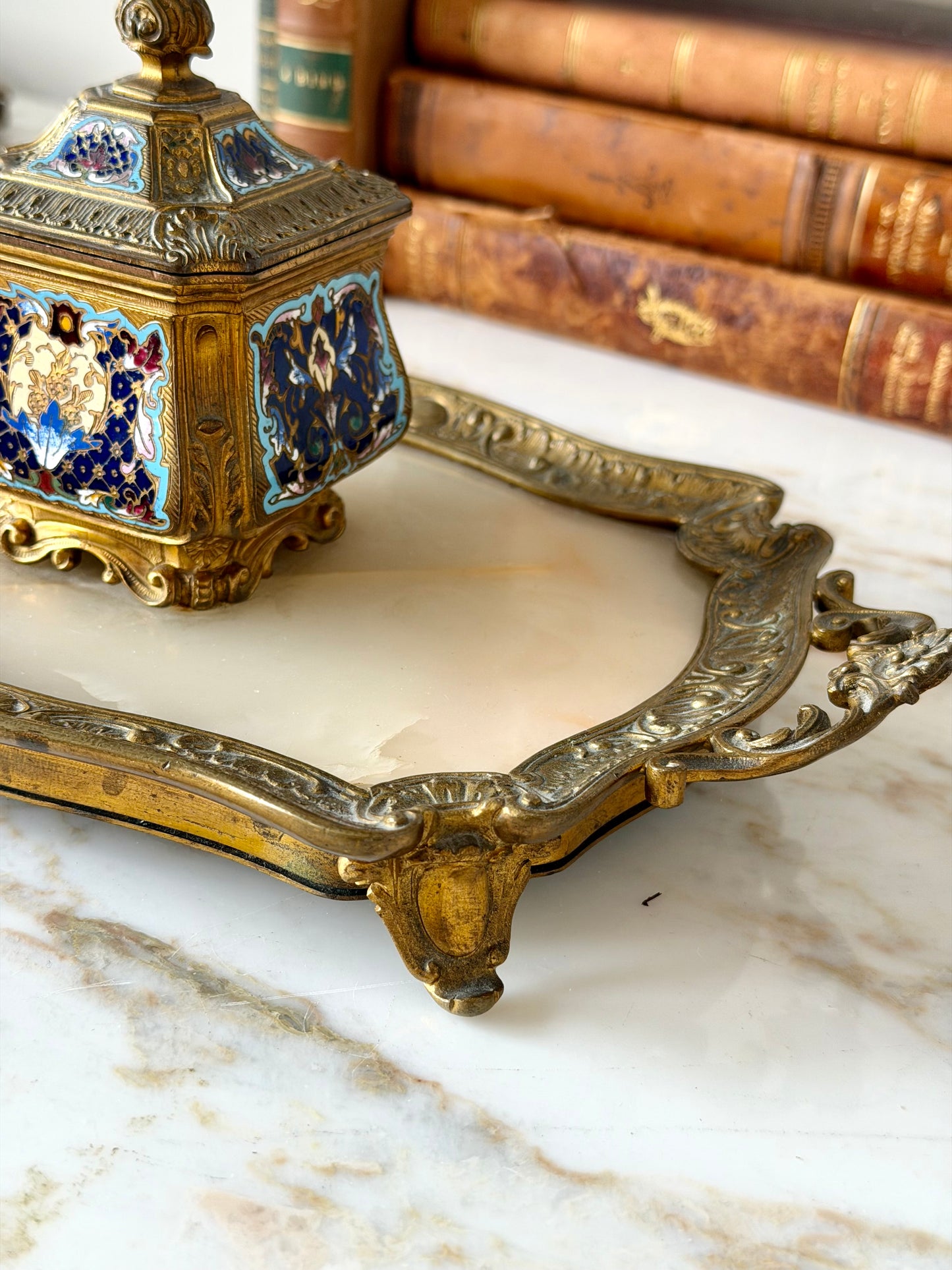Gilt bronze, champlevé, and onyx inkwell
