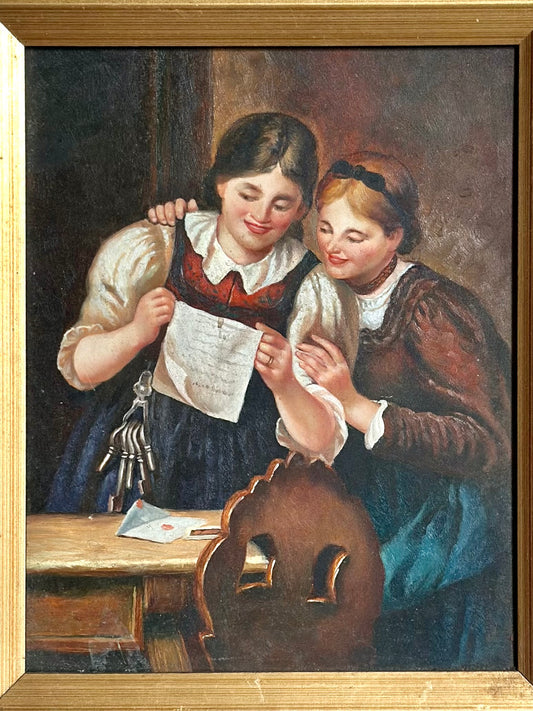 Oil on board- 2 Girls Reading a Letter