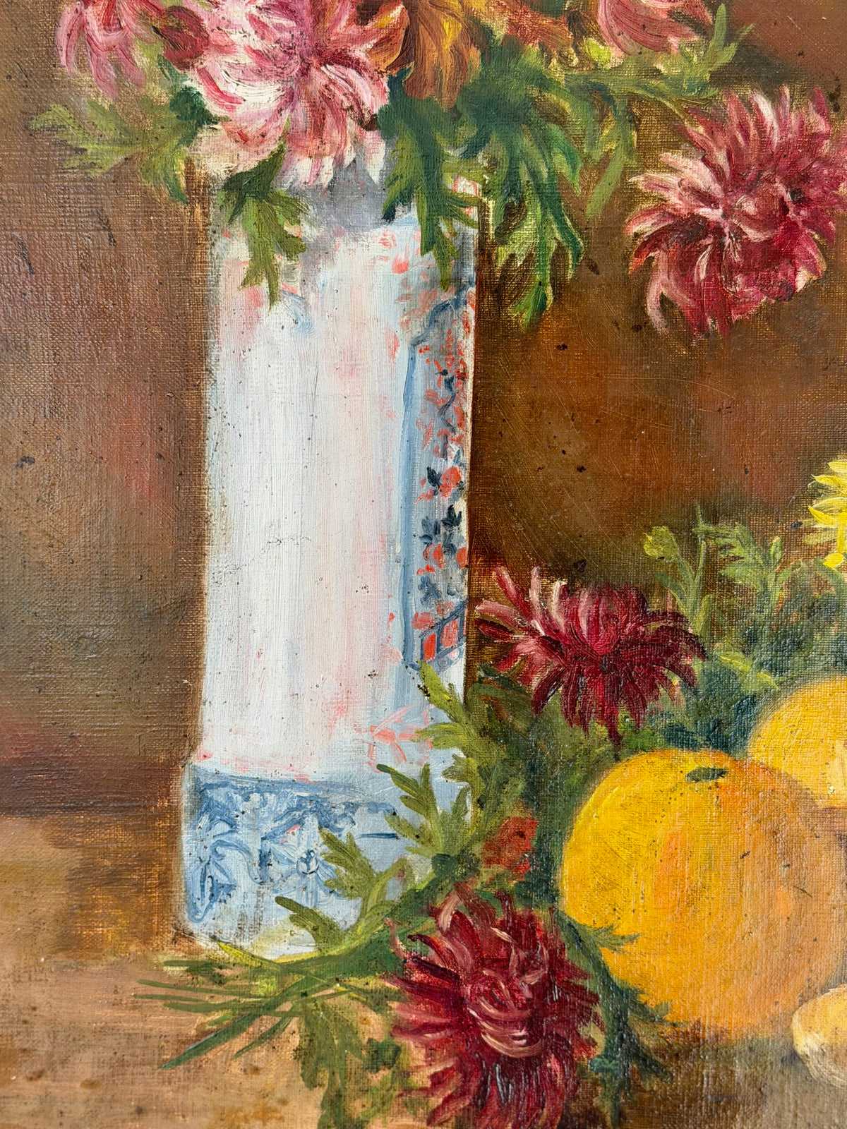 Signed Floral Still Life with Oranges, Oil on Canvas
