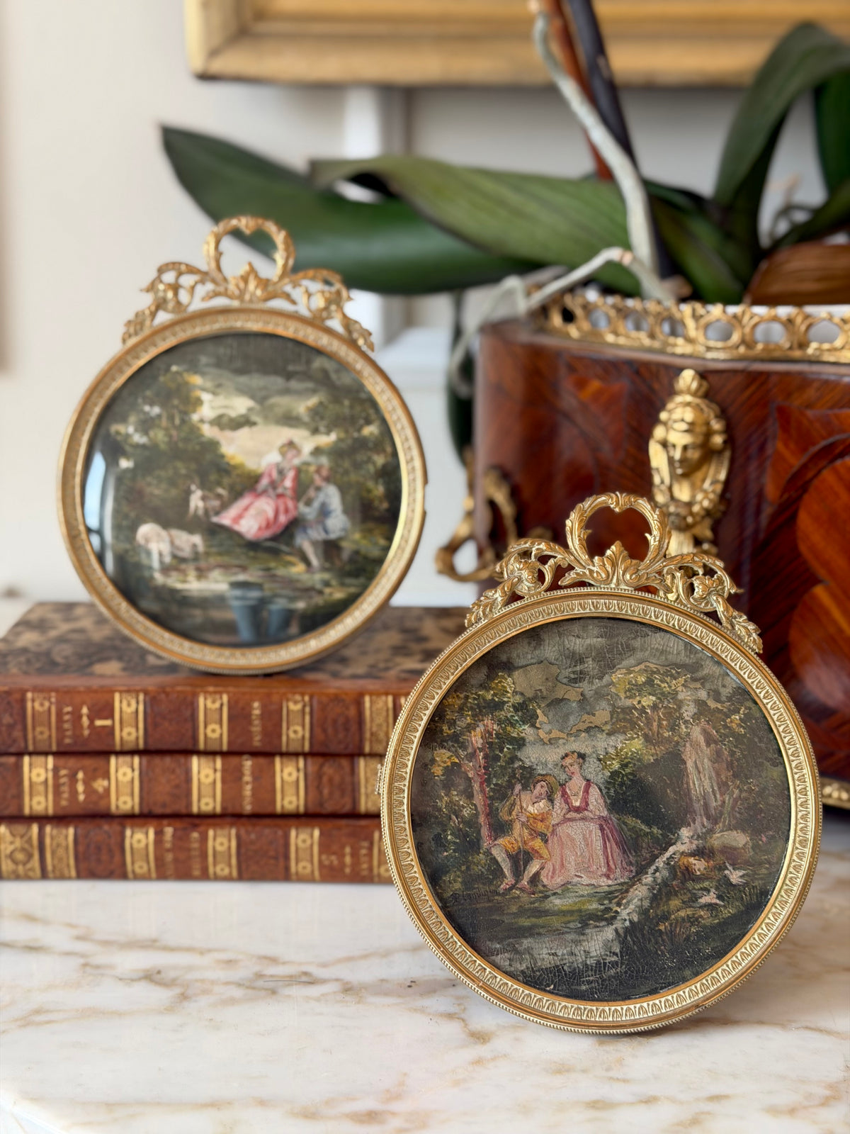 Pair of Gilt Bronze Framed Courting Scenes