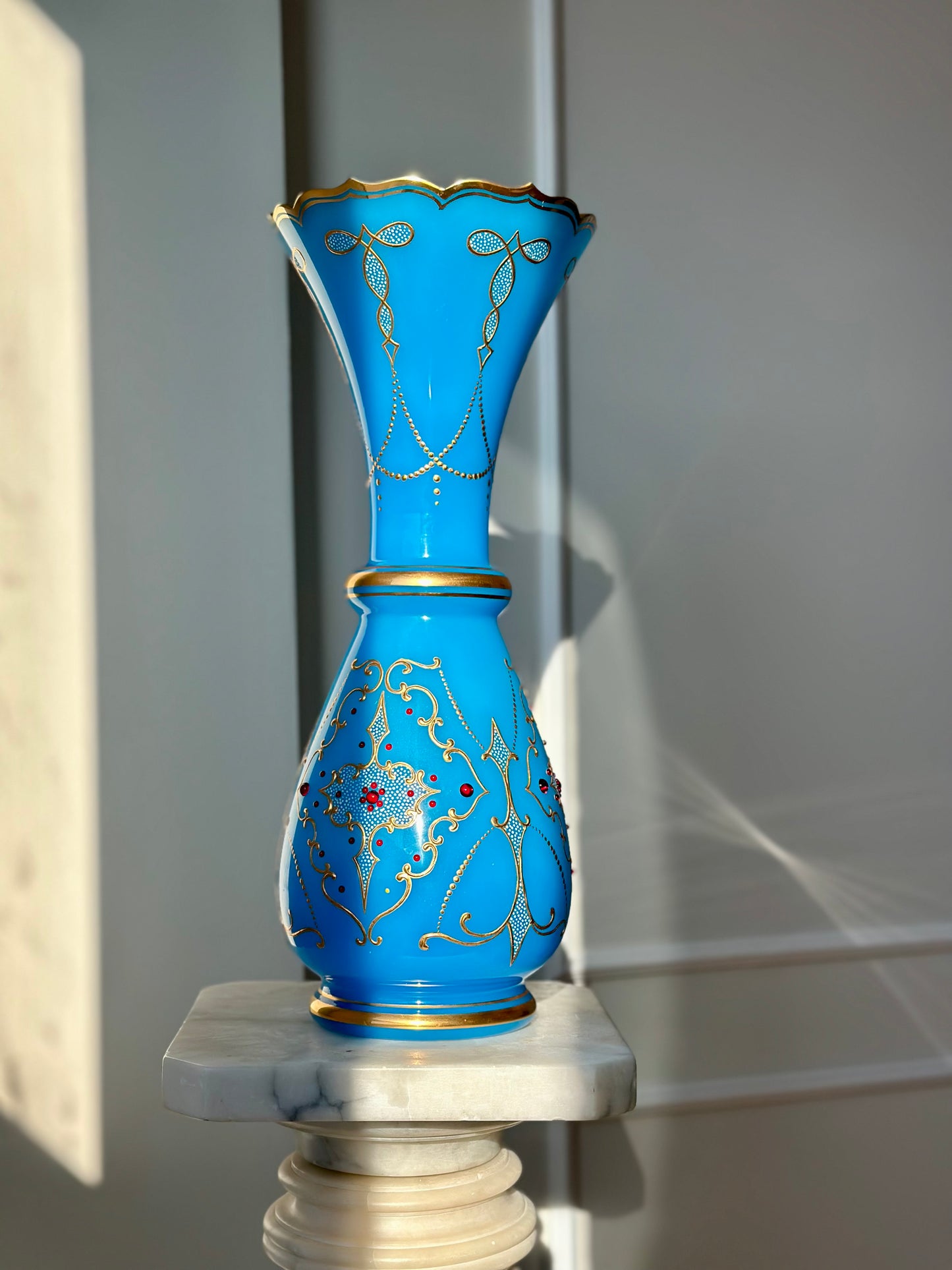 Bejeweled blue art glass vase