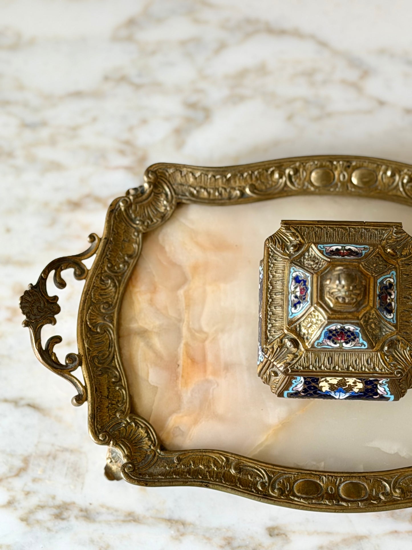 Gilt bronze, champlevé, and onyx inkwell