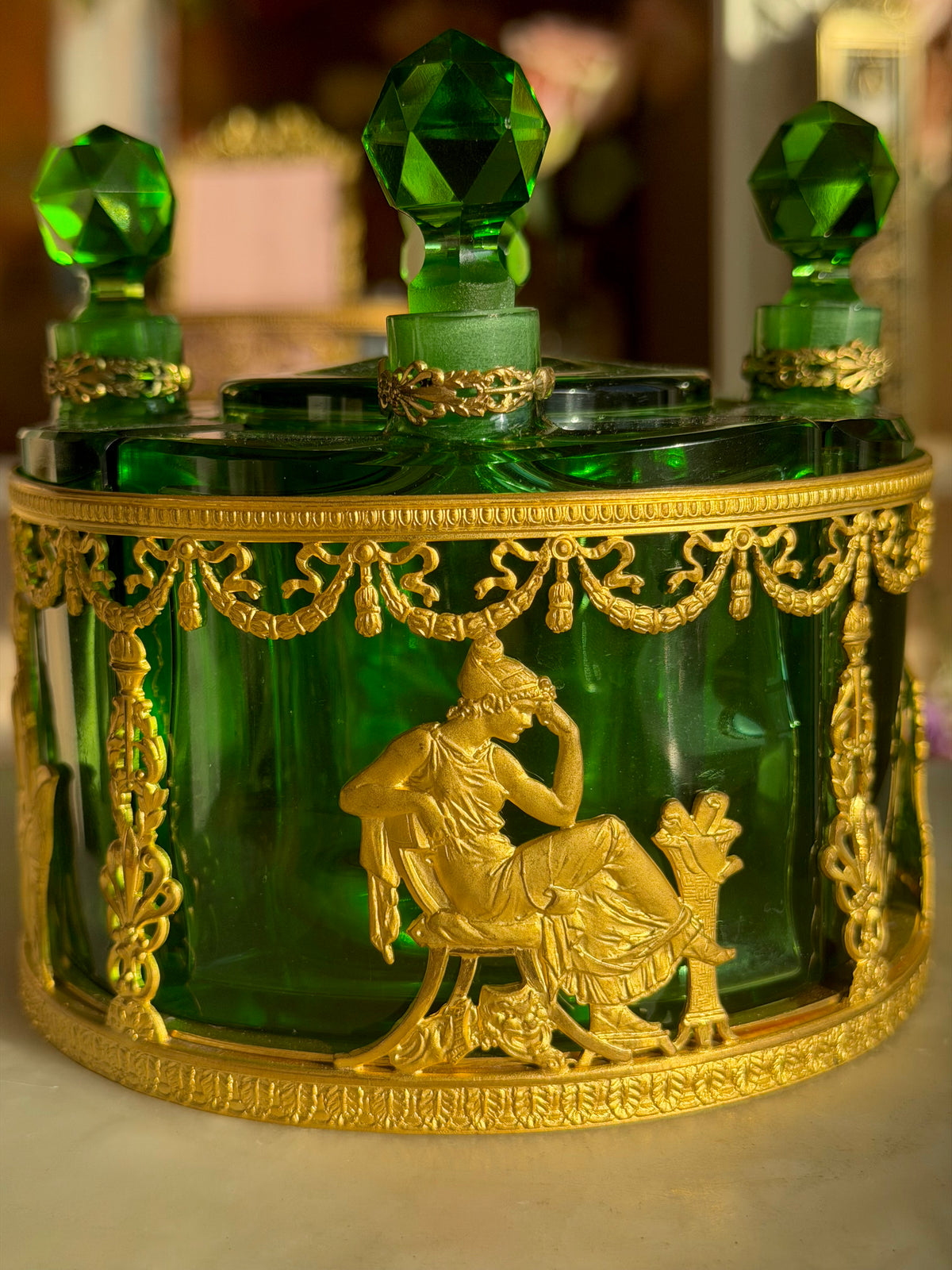 Napoleon III Emerald Crystal & Gilt Bronze Scent Casket