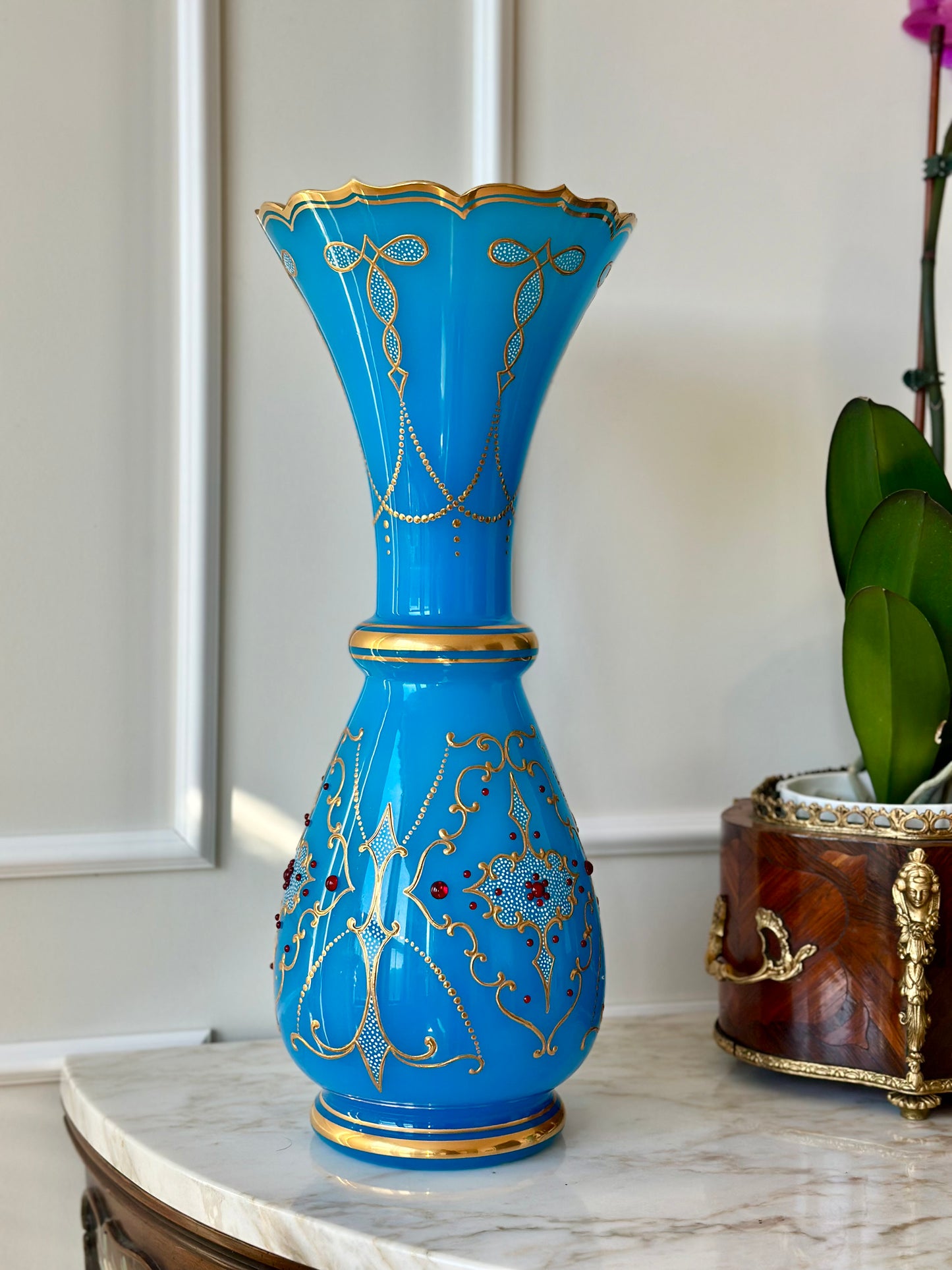 Bejeweled blue art glass vase