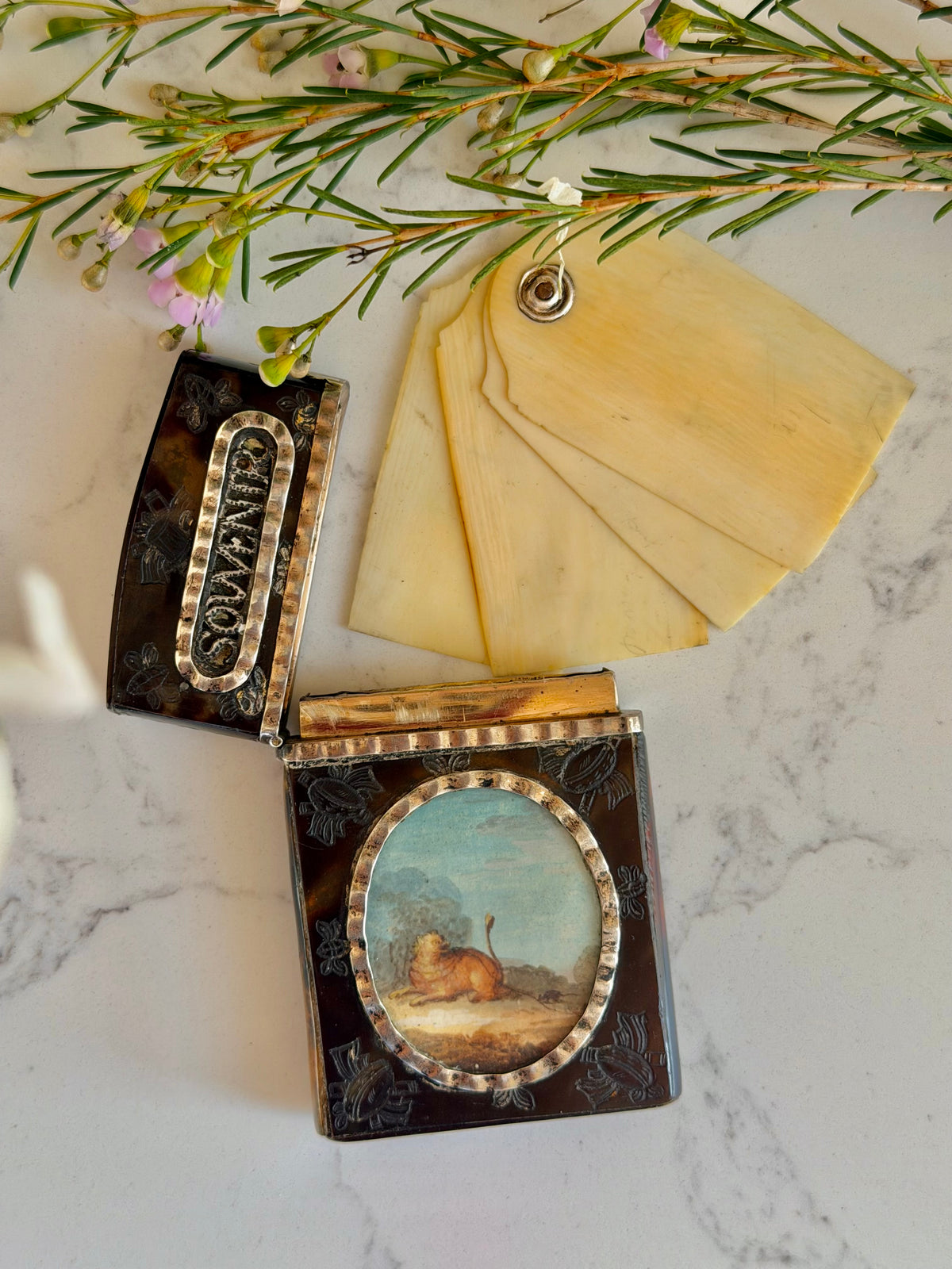 Tortoise & Silver Souvenir Dance Card Case with Painted Miniatures