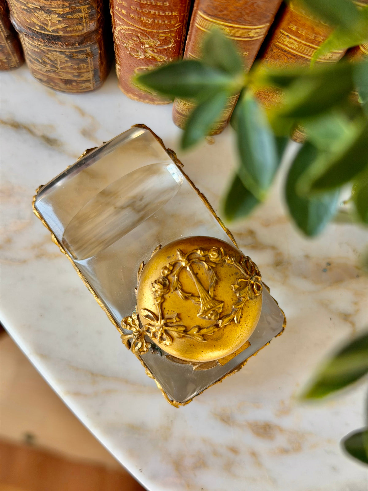 Crystal & Gilt Bronze Inkwell with Quill Rest