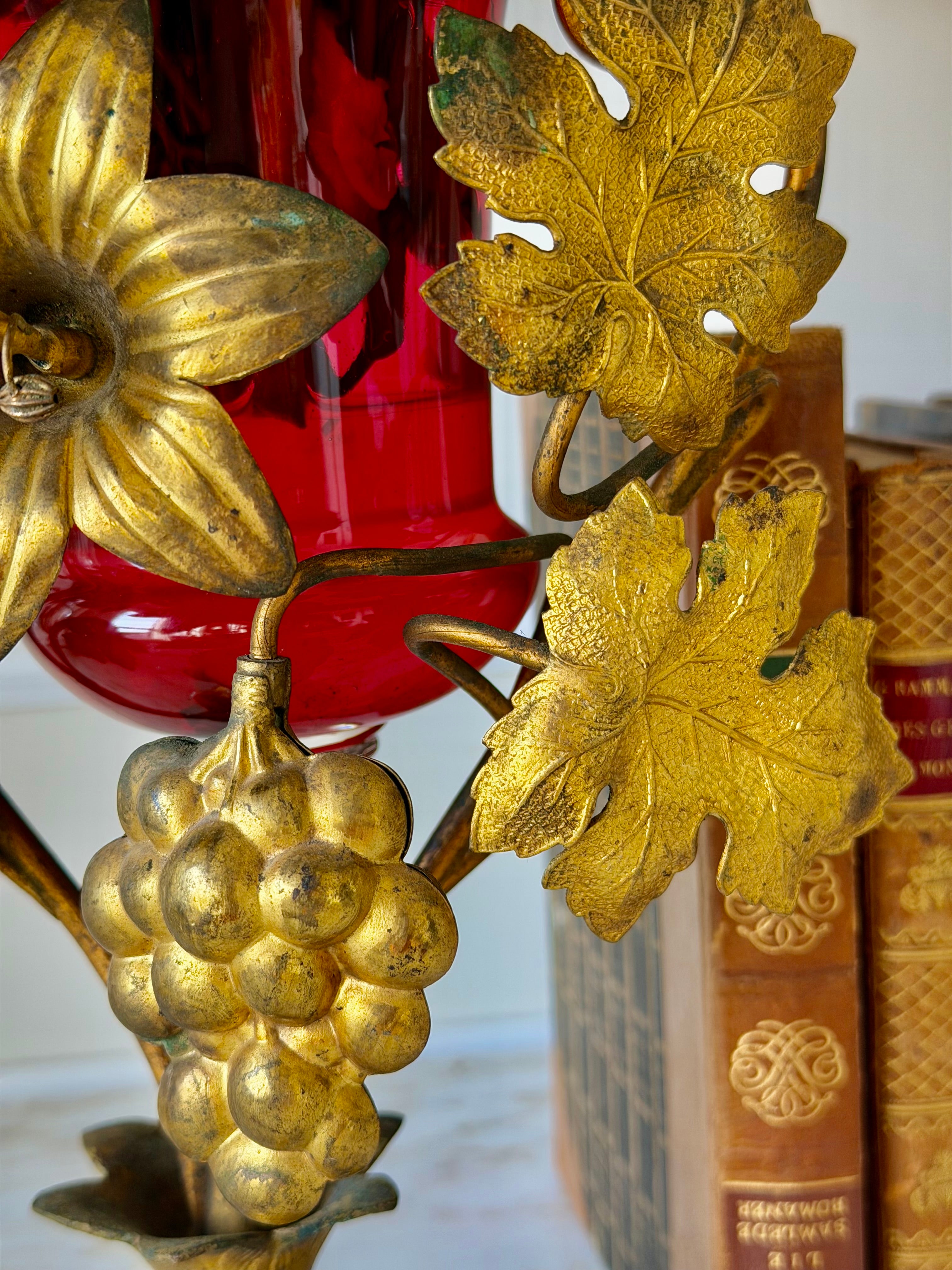 French Gilt Bronze Floral & Cranberry Glass Vase